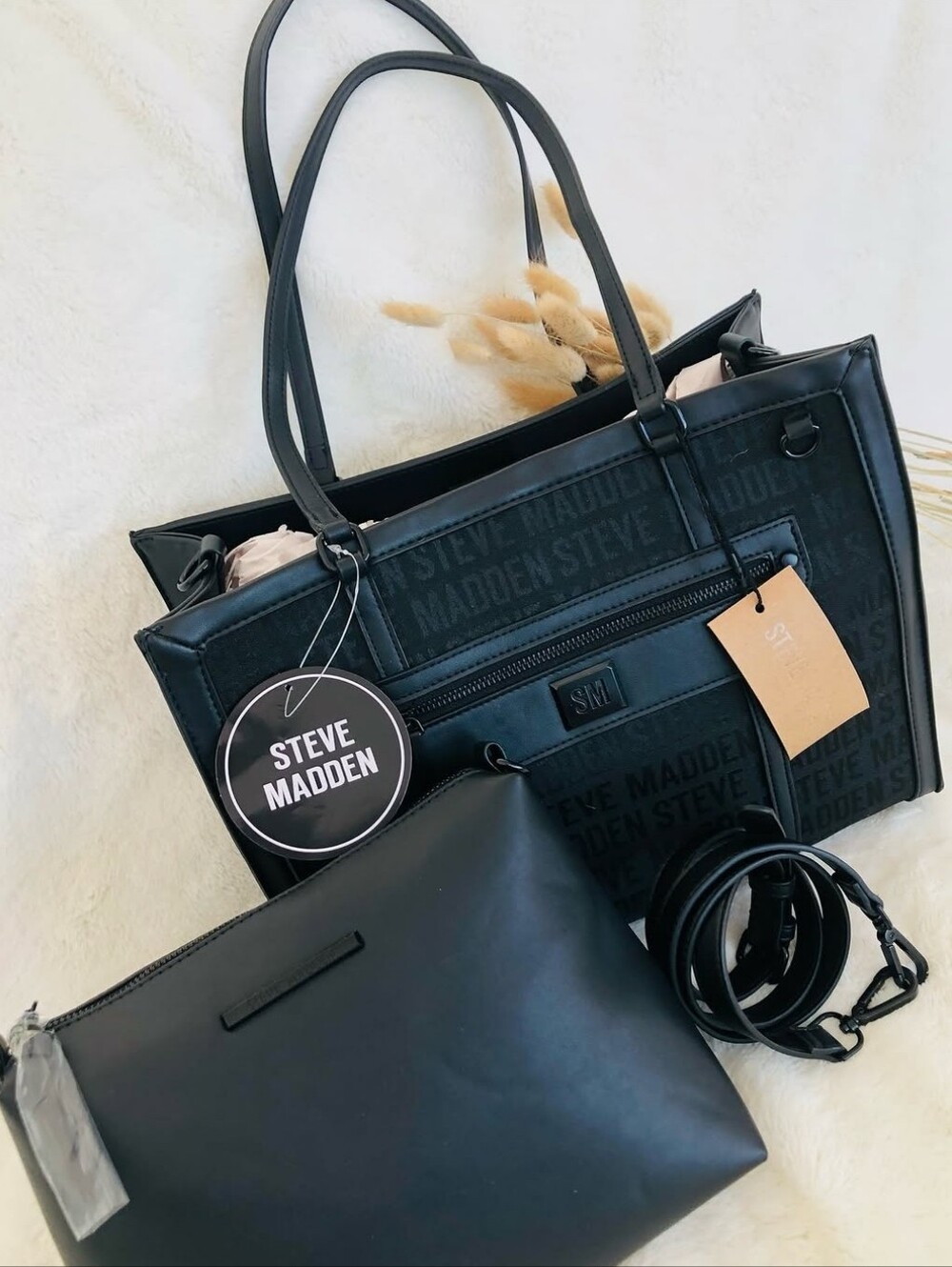 Steve Madden Black Logo Tote with Matching Black Pouch